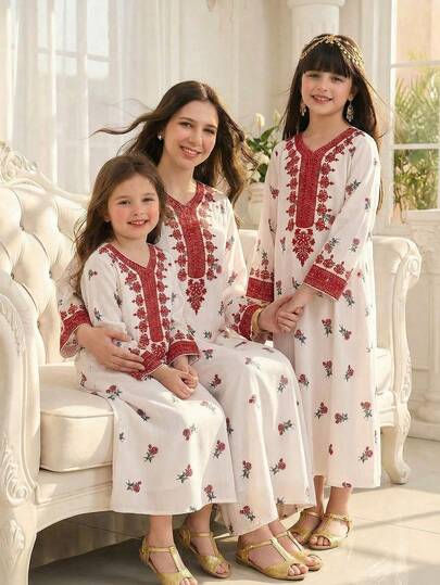 SHEIN رمضان فستان فضفاض بأكمام طويلة وياقة على شكل حرف V مع طباعة زهرية للفتيات المراهقات