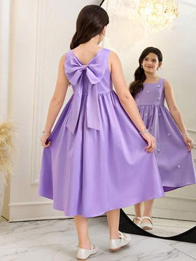 Serisse Kids فستان أميرة للبنات المراهقات ذو رقبة مربعة أنيقة مزين باللؤلؤ وأكمام منتفخة، فستان ساتان منسوج بحافة منفرجة، مناسب للزفاف والحفلات وأعياد الميلاد، فستان وصيفة العروس باللون البنفسجي