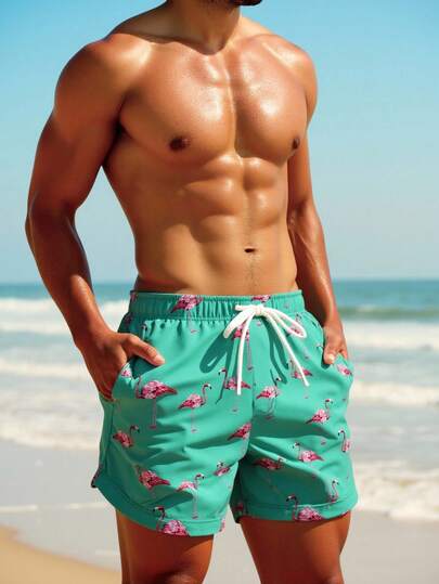 Manfinity Swimmode شورت كاجوال للرجال بخصر مطاطي وجيوب بطبعة فلامنجو