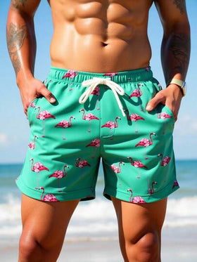 Manfinity Swimmode شورت كاجوال للرجال بخصر مطاطي وجيوب بطبعة فلامنجو