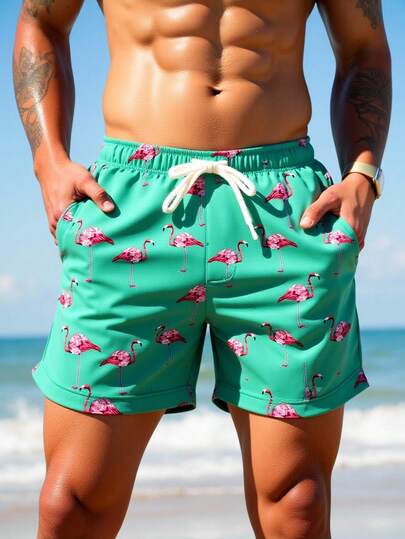 Manfinity Swimmode شورت كاجوال للرجال بخصر مطاطي وجيوب بطبعة فلامنجو