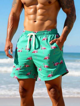 Manfinity Swimmode شورت كاجوال للرجال بخصر مطاطي وجيوب بطبعة فلامنجو