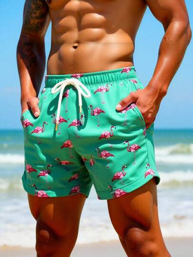 Manfinity Swimmode شورت كاجوال للرجال بخصر مطاطي وجيوب بطبعة فلامنجو