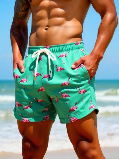 Manfinity Swimmode شورت كاجوال للرجال بخصر مطاطي وجيوب بطبعة فلامنجو