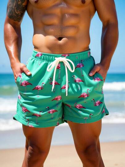 Manfinity Swimmode شورت كاجوال للرجال بخصر مطاطي وجيوب بطبعة فلامنجو