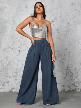 SHEIN SXY سراويل جينز نسائية عالية الخصر واسعة الساق