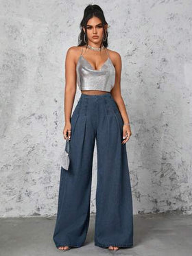 SHEIN SXY سراويل جينز نسائية عالية الخصر واسعة الساق