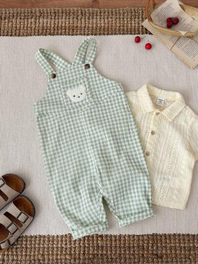 SHEIN ملابس أطفال حديثي الولادة جنسين، رومبير رضيع ولد/بنت كاجوال جميلة متعددة الاستخدامات بنمط الدب الكرتوني والمربعات الخضراء