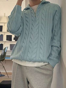 DAZY كنزة صوفية رجالية بسحاب وأكمام راجلان، لون أحادي، ربع سحاب، موسم الخريف