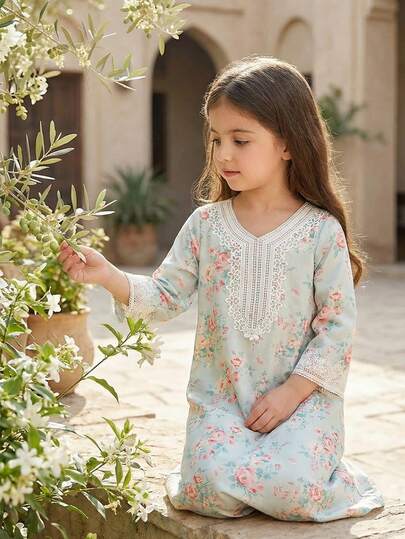 SHEIN فستان أزرق طويل الأكمام بطبعات زهور صغيرة للبنات، تصميم مكشكش أنيق مناسب للارتداء اليومي، للربيع/الخريف