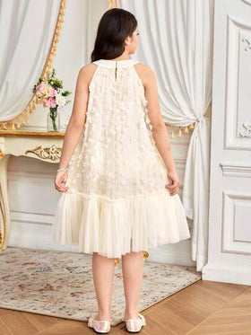 SHEIN رمضان فستان فضفاض أنيق للفتيات المراهقات بياقة عالية بدون أكمام، مزين بشبكة زهرية ثلاثية الأبعاد وبتنورة مكسرة