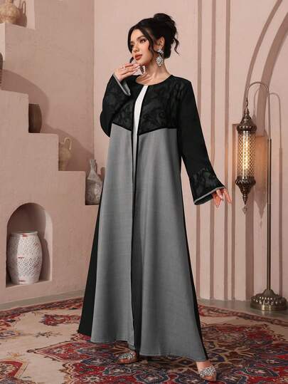 Al Najma رمضان كارديجان عباية بتصميم شبكي مفرغ، بألوان متباينة، رداء عربي أنيق للمناسبات الرسمية