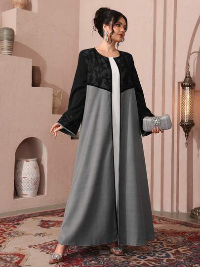 Al Najma رمضان كارديجان عباية بتصميم شبكي مفرغ، بألوان متباينة، رداء عربي أنيق للمناسبات الرسمية