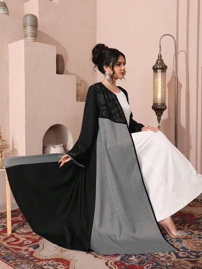 Al Najma رمضان كارديجان عباية بتصميم شبكي مفرغ، بألوان متباينة، رداء عربي أنيق للمناسبات الرسمية