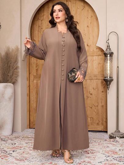 Al Najma رمضان عباية نسائية كبيرة الحجم بأكمام طويلة وأزرار أحادية الصدر مع تطريز دانتيل متباين