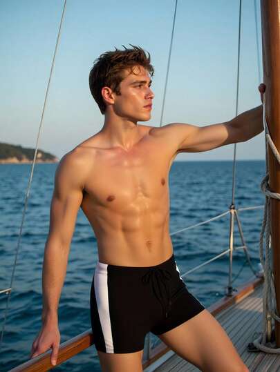 Manfinity Swimmode شورتات سباحة صيفية كاجوال للرجال بخصر مرن وألوان متباينة