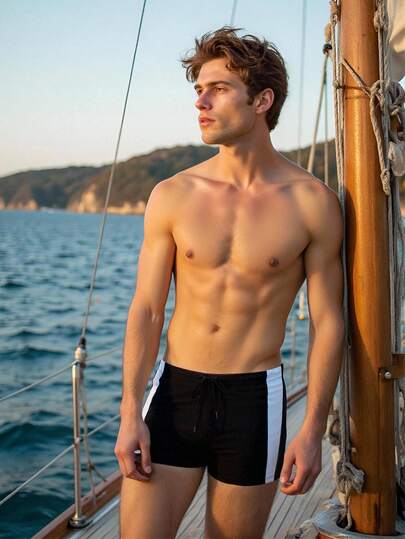 Manfinity Swimmode شورتات سباحة صيفية كاجوال للرجال بخصر مرن وألوان متباينة