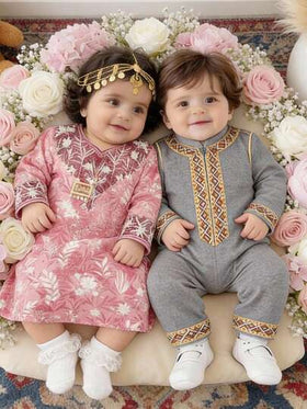 SHEIN جمبسوت كنزة طويلة الأكمام بياقة طاقم مُحبوكة تقليدية، رسمية وعملية للأطفال الرضع من الأولاد والبنات، ملابس أطفال عربية، ملابس أطفال رضع للأولاد