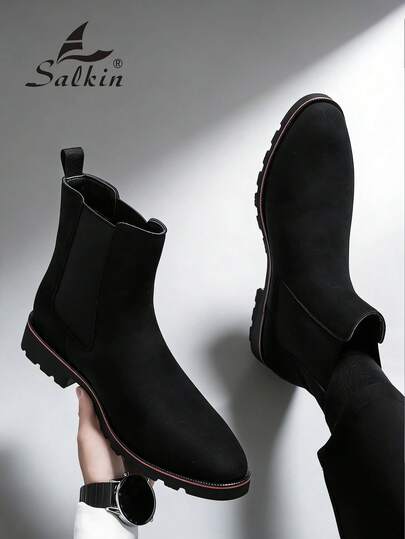 Salkin بوت تشيلسي الرجالية الفاخرة بتصميم الكاحل متوسط الارتفاع، بتصميم رأس مدبب، من الجلد اللامع والجلد الناعم، بوت رسمية للرجال للأعمال والمناسبات اليومية والحفلات، مناسبة للمواعيد الرومانسية والهدايا وللعودة إلى المدرسة، بأسلوب كلية