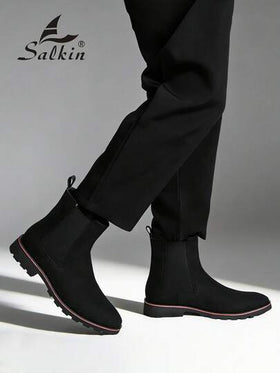 Salkin بوت تشيلسي الرجالية الفاخرة بتصميم الكاحل متوسط الارتفاع، بتصميم رأس مدبب، من الجلد اللامع والجلد الناعم، بوت رسمية للرجال للأعمال والمناسبات اليومية والحفلات، مناسبة للمواعيد الرومانسية والهدايا وللعودة إلى المدرسة، بأسلوب كلية