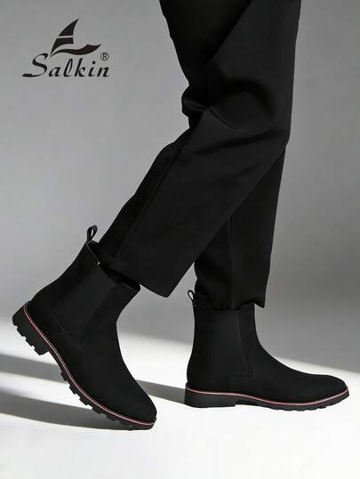 Salkin بوت تشيلسي الرجالية الفاخرة بتصميم الكاحل متوسط الارتفاع، بتصميم رأس مدبب، من الجلد اللامع والجلد الناعم، بوت رسمية للرجال للأعمال والمناسبات اليومية والحفلات، مناسبة للمواعيد الرومانسية والهدايا وللعودة إلى المدرسة، بأسلوب كلية