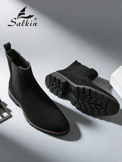 Salkin بوت تشيلسي الرجالية الفاخرة بتصميم الكاحل متوسط الارتفاع، بتصميم رأس مدبب، من الجلد اللامع والجلد الناعم، بوت رسمية للرجال للأعمال والمناسبات اليومية والحفلات، مناسبة للمواعيد الرومانسية والهدايا وللعودة إلى المدرسة، بأسلوب كلية