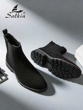Salkin بوت تشيلسي الرجالية الفاخرة بتصميم الكاحل متوسط الارتفاع، بتصميم رأس مدبب، من الجلد اللامع والجلد الناعم، بوت رسمية للرجال للأعمال والمناسبات اليومية والحفلات، مناسبة للمواعيد الرومانسية والهدايا وللعودة إلى المدرسة، بأسلوب كلية
