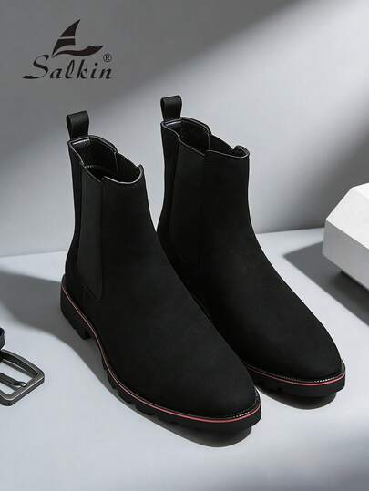 Salkin بوت تشيلسي الرجالية الفاخرة بتصميم الكاحل متوسط الارتفاع، بتصميم رأس مدبب، من الجلد اللامع والجلد الناعم، بوت رسمية للرجال للأعمال والمناسبات اليومية والحفلات، مناسبة للمواعيد الرومانسية والهدايا وللعودة إلى المدرسة، بأسلوب كلية