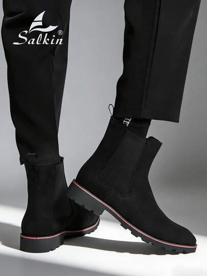 Salkin بوت تشيلسي الرجالية الفاخرة بتصميم الكاحل متوسط الارتفاع، بتصميم رأس مدبب، من الجلد اللامع والجلد الناعم، بوت رسمية للرجال للأعمال والمناسبات اليومية والحفلات، مناسبة للمواعيد الرومانسية والهدايا وللعودة إلى المدرسة، بأسلوب كلية
