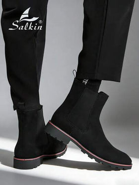Salkin بوت تشيلسي الرجالية الفاخرة بتصميم الكاحل متوسط الارتفاع، بتصميم رأس مدبب، من الجلد اللامع والجلد الناعم، بوت رسمية للرجال للأعمال والمناسبات اليومية والحفلات، مناسبة للمواعيد الرومانسية والهدايا وللعودة إلى المدرسة، بأسلوب كلية
