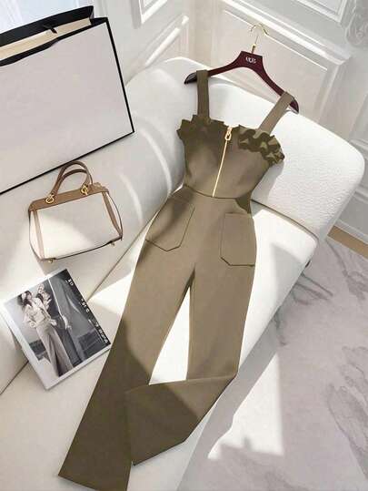 Franclia جمبسوت رشيقة وأنيقة بسحاب وتريم مكشكش، بتصميم ضيق أسود