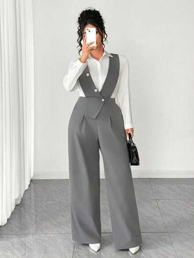 SHEIN Tall CURVE بدلة قفزة نسائية عصرية بقياسات كبيرة، ذات فتحة رقبة عميقة على الصدر وأزرار متعددة في المنتصف وحاشية غير متماثلة بدون أكمام، مناسبة للربيع/الصيف، العودة للمدرسة، العطلات، التخرج، أعياد الحب، عيد الميلاد، المهرجانات الموسيقية، عيد الأم، اله