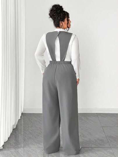 SHEIN Tall CURVE بدلة قفزة نسائية عصرية بقياسات كبيرة، ذات فتحة رقبة عميقة على الصدر وأزرار متعددة في المنتصف وحاشية غير متماثلة بدون أكمام، مناسبة للربيع/الصيف، العودة للمدرسة، العطلات، التخرج، أعياد الحب، عيد الميلاد، المهرجانات الموسيقية، عيد الأم، اله