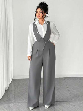 SHEIN Tall CURVE بدلة قفزة نسائية عصرية بقياسات كبيرة، ذات فتحة رقبة عميقة على الصدر وأزرار متعددة في المنتصف وحاشية غير متماثلة بدون أكمام، مناسبة للربيع/الصيف، العودة للمدرسة، العطلات، التخرج، أعياد الحب، عيد الميلاد، المهرجانات الموسيقية، عيد الأم، اله