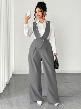SHEIN Tall CURVE بدلة قفزة نسائية عصرية بقياسات كبيرة، ذات فتحة رقبة عميقة على الصدر وأزرار متعددة في المنتصف وحاشية غير متماثلة بدون أكمام، مناسبة للربيع/الصيف، العودة للمدرسة، العطلات، التخرج، أعياد الحب، عيد الميلاد، المهرجانات الموسيقية، عيد الأم، اله