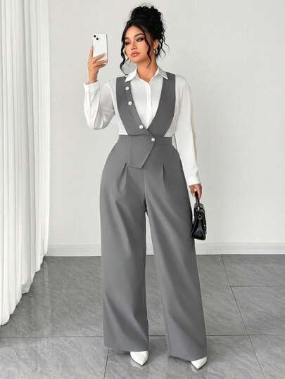 SHEIN Tall CURVE بدلة قفزة نسائية عصرية بقياسات كبيرة، ذات فتحة رقبة عميقة على الصدر وأزرار متعددة في المنتصف وحاشية غير متماثلة بدون أكمام، مناسبة للربيع/الصيف، العودة للمدرسة، العطلات، التخرج، أعياد الحب، عيد الميلاد، المهرجانات الموسيقية، عيد الأم، اله
