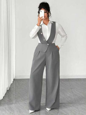 SHEIN Tall CURVE بدلة قفزة نسائية عصرية بقياسات كبيرة، ذات فتحة رقبة عميقة على الصدر وأزرار متعددة في المنتصف وحاشية غير متماثلة بدون أكمام، مناسبة للربيع/الصيف، العودة للمدرسة، العطلات، التخرج، أعياد الحب، عيد الميلاد، المهرجانات الموسيقية، عيد الأم، اله