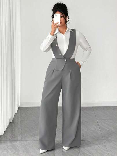 SHEIN Tall CURVE بدلة قفزة نسائية عصرية بقياسات كبيرة، ذات فتحة رقبة عميقة على الصدر وأزرار متعددة في المنتصف وحاشية غير متماثلة بدون أكمام، مناسبة للربيع/الصيف، العودة للمدرسة، العطلات، التخرج، أعياد الحب، عيد الميلاد، المهرجانات الموسيقية، عيد الأم، اله
