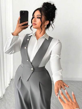 SHEIN Tall CURVE بدلة قفزة نسائية عصرية بقياسات كبيرة، ذات فتحة رقبة عميقة على الصدر وأزرار متعددة في المنتصف وحاشية غير متماثلة بدون أكمام، مناسبة للربيع/الصيف، العودة للمدرسة، العطلات، التخرج، أعياد الحب، عيد الميلاد، المهرجانات الموسيقية، عيد الأم، اله
