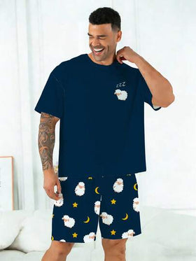 بيجامة رجالية كبيرة الحجم | ملابس علوية بياقة مستديرة وأكمام قصيرة وشورت كاجوال بخصر مطاطي، طقم من قطعتين | قماش بولي إستر مضفر، لطيف على البشرة قابل للتنفس فضفاض مريح | تصميم كاجوال بطبعة خروف