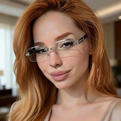 زوج من النظارات الشمسية النسائية ذات الإطار المربع بدون إطار، طراز عتيق أنيق، عدسات شفافة، مزينة بالمعدن على الأذرع، مناسبة للارتداء اليومي والتنقل، هدية مثالية لعيد الحب لصديقتك