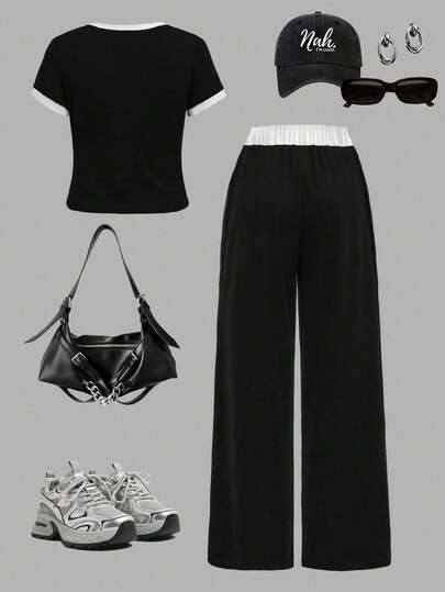 طقم قصير الأكمام مطبوع عليه حروف وبنطلون كاجوال للمراهقات