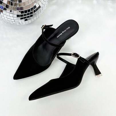 Xin Jing Shoes أحذية نسائية ذات كعب عالي جديدة، أحذية كاجوال بحزام، أحذية أنيقة وجذابة للحفلات والزفاف، أحذية كعب متوسط بدون ظهر
