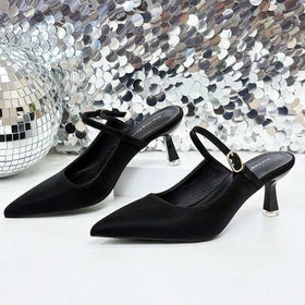 Xin Jing Shoes أحذية نسائية ذات كعب عالي جديدة، أحذية كاجوال بحزام، أحذية أنيقة وجذابة للحفلات والزفاف، أحذية كعب متوسط بدون ظهر