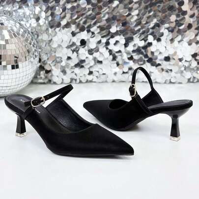 Xin Jing Shoes أحذية نسائية ذات كعب عالي جديدة، أحذية كاجوال بحزام، أحذية أنيقة وجذابة للحفلات والزفاف، أحذية كعب متوسط بدون ظهر
