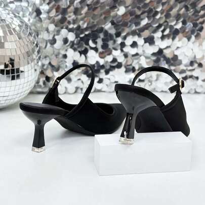Xin Jing Shoes أحذية نسائية ذات كعب عالي جديدة، أحذية كاجوال بحزام، أحذية أنيقة وجذابة للحفلات والزفاف، أحذية كعب متوسط بدون ظهر