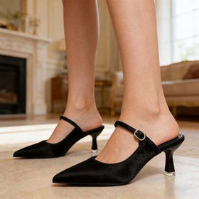 Xin Jing Shoes أحذية نسائية ذات كعب عالي جديدة، أحذية كاجوال بحزام، أحذية أنيقة وجذابة للحفلات والزفاف، أحذية كعب متوسط بدون ظهر