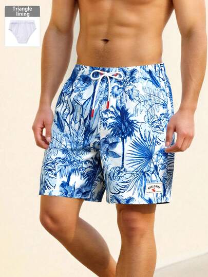 Manfinity Swimmode شورت شاطئ رجالي بخصر رباط مطبوع بطبعة استوائية، صيفي