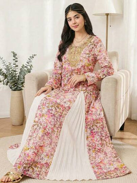 SHEIN رمضان فستان بطبعة إثنية مع ياقة على شكل V مزينة بالخرز، مقترن مع وشاح شيفون خفيف، أنيق ومريح، مناسب للرمضان، العباءة، الجلابية، الملابس العربية التقليدية