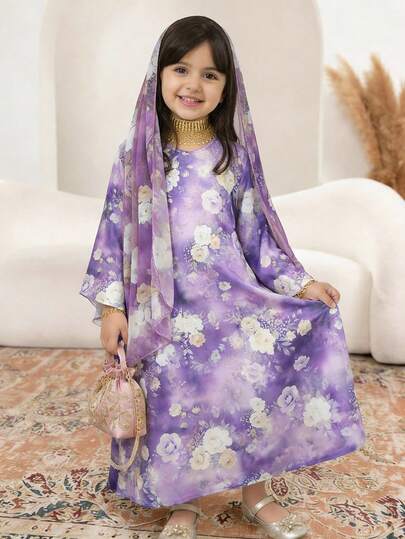 SHEIN فستان كاجوال بياقة على شكل حرف V مع وشاح مزخرف بنقشة الأزهار الصغيرة للفتيات الصغيرات
